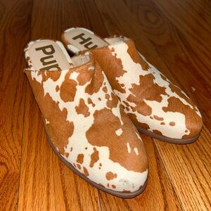 Brown and White Cow Print Mules